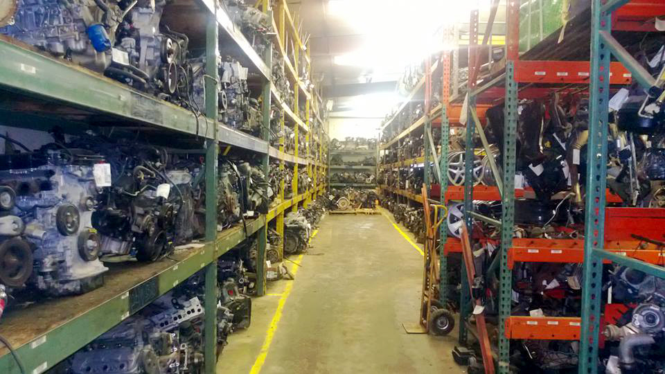 Engines on racks in warehouse