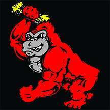 Auto Parts of Shelby red gorilla holding crushed yellow car in front of black background